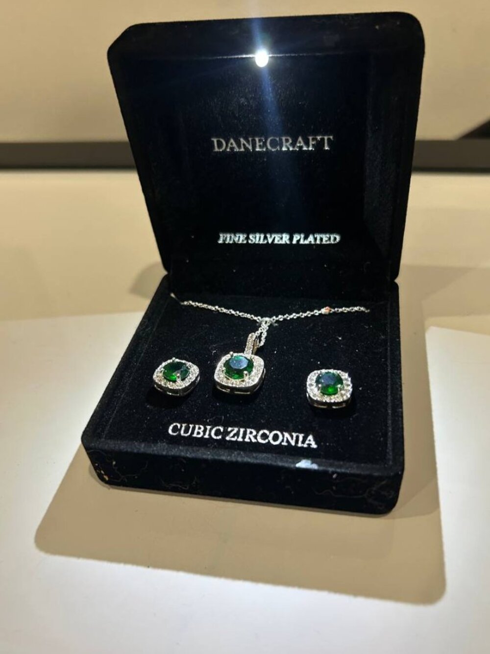 Danecraft Fine Silver Plated Emerald-Cut Green CZ Necklace & Earring Set